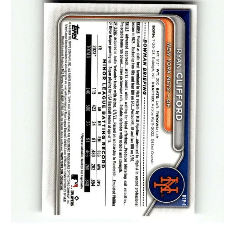2024 Bowman Chrome Prospects #BCP-1 Ryan Clifford NM-MT New York Mets Baseball Card - Baseball Card Single