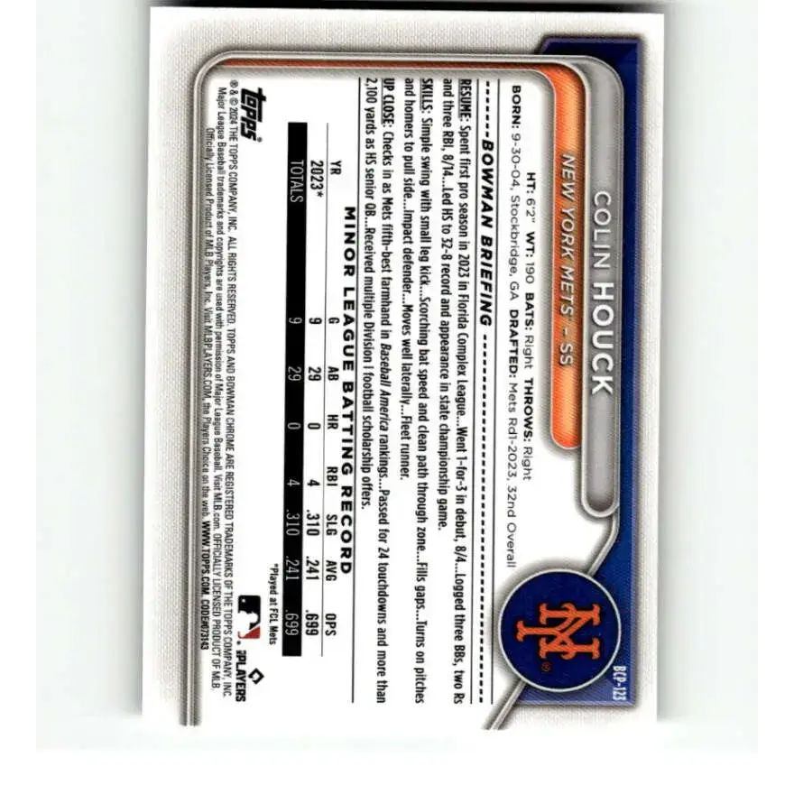 2024 Bowman Chrome Prospects #BCP-123 Colin Houck NM-MT New York Mets Baseball Card - Baseball Card Single