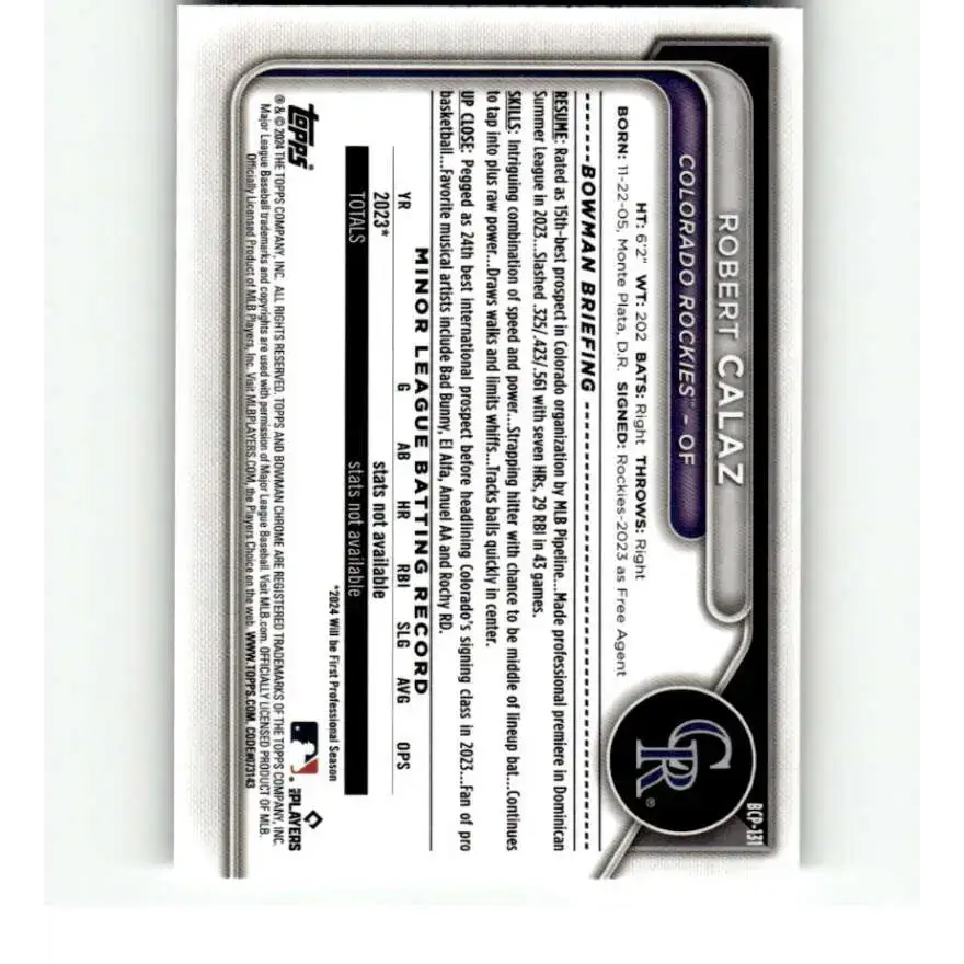 2024 Bowman Chrome Prospects #BCP-131 Robert Calaz NM-MT Colorado Rockies Baseball Card - Baseball Card Single