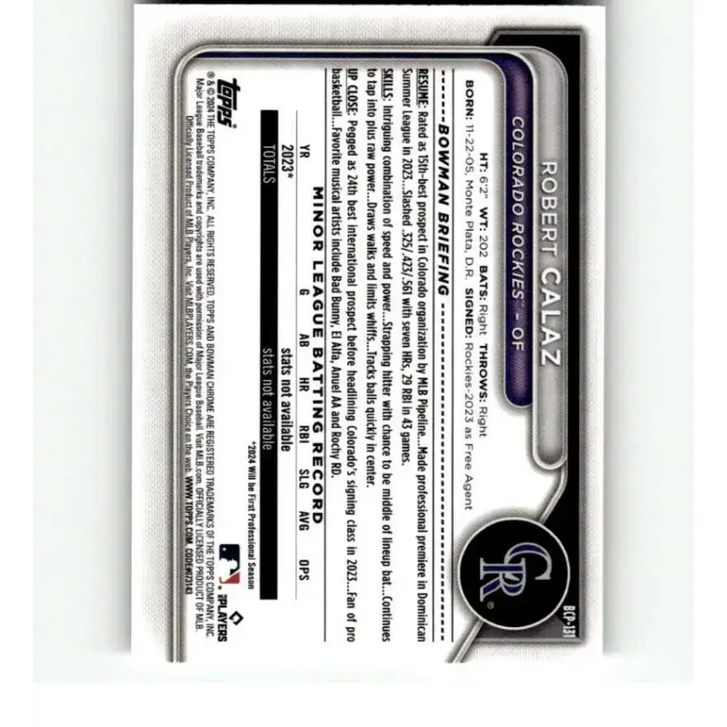 2024 Bowman Chrome Prospects #BCP-131 Robert Calaz NM-MT Colorado Rockies Baseball Card - Baseball Card Single