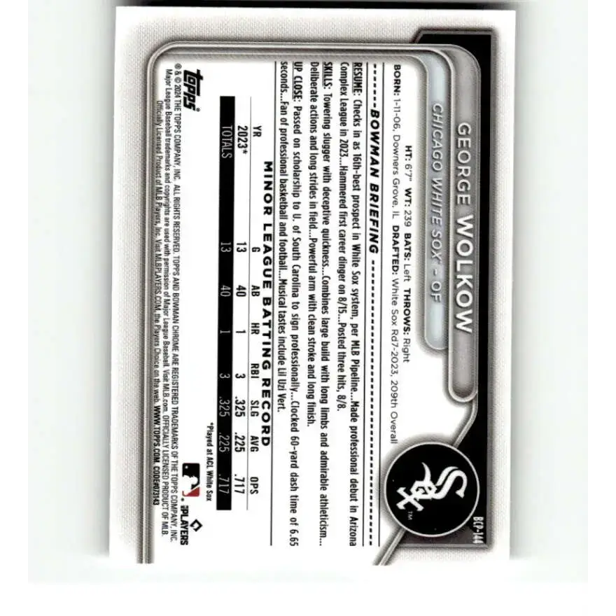 2024 Bowman Chrome Prospects #BCP-144 George Wolkow NM-MT Chicago White Sox Baseball Card - Baseball Card Single