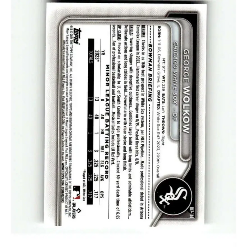 2024 Bowman Chrome Prospects #BCP-144 George Wolkow NM-MT Chicago White Sox Baseball Card - Baseball Card Single