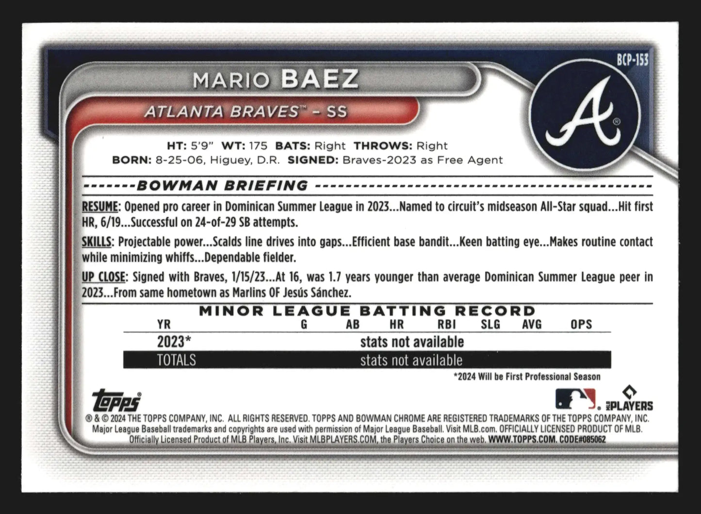 2024 Bowman Chrome Prospects #BCP-153 Mario Baez Braves 1st Bowman