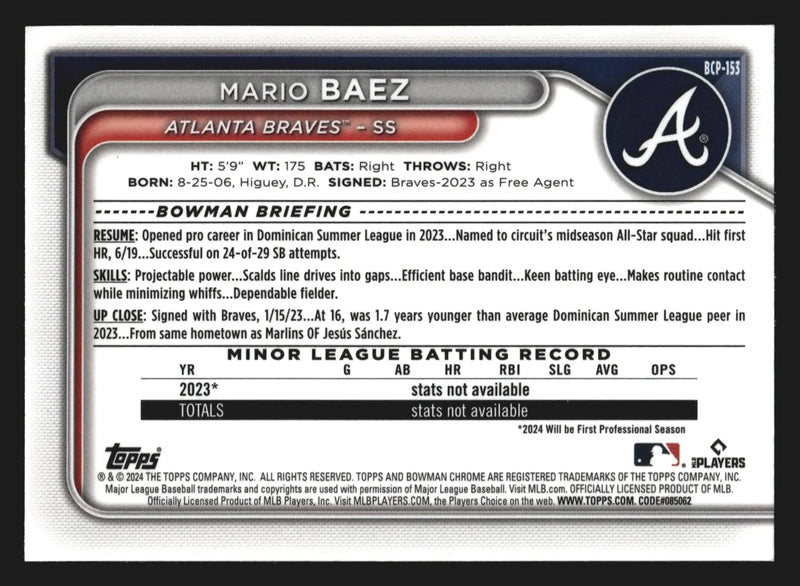 2024 Bowman Chrome Prospects #BCP-153 Mario Baez Braves 1st Bowman