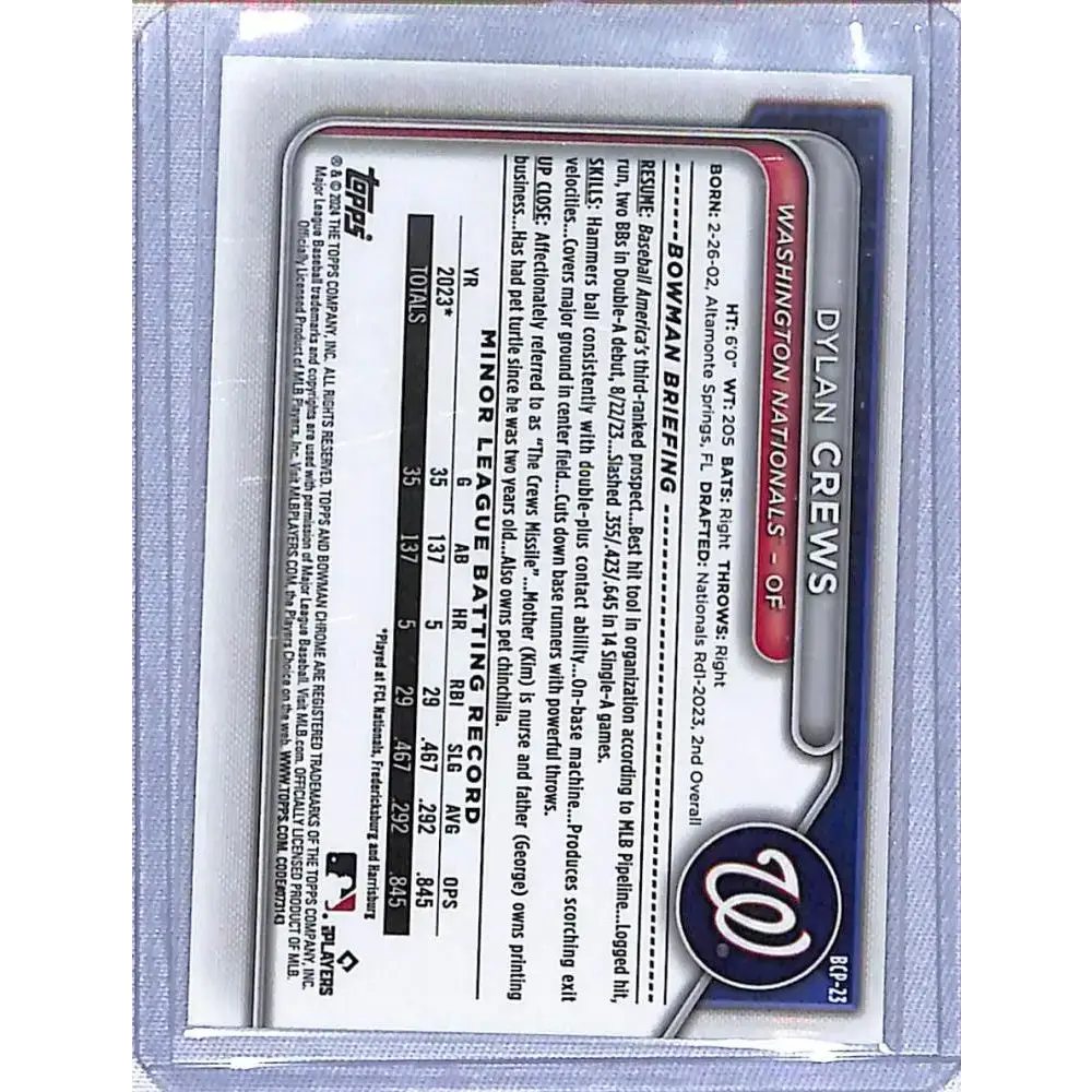 2024 Bowman Chrome Prospects #BCP-23 Dylan Crews NM-MT Washington Nationals Baseball Card - Baseball Card Single