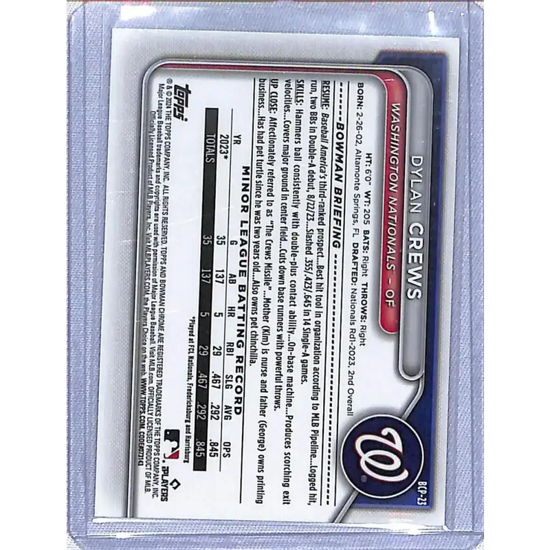2024 Bowman Chrome Prospects #BCP-23 Dylan Crews NM-MT Washington Nationals Baseball Card - Baseball Card Single