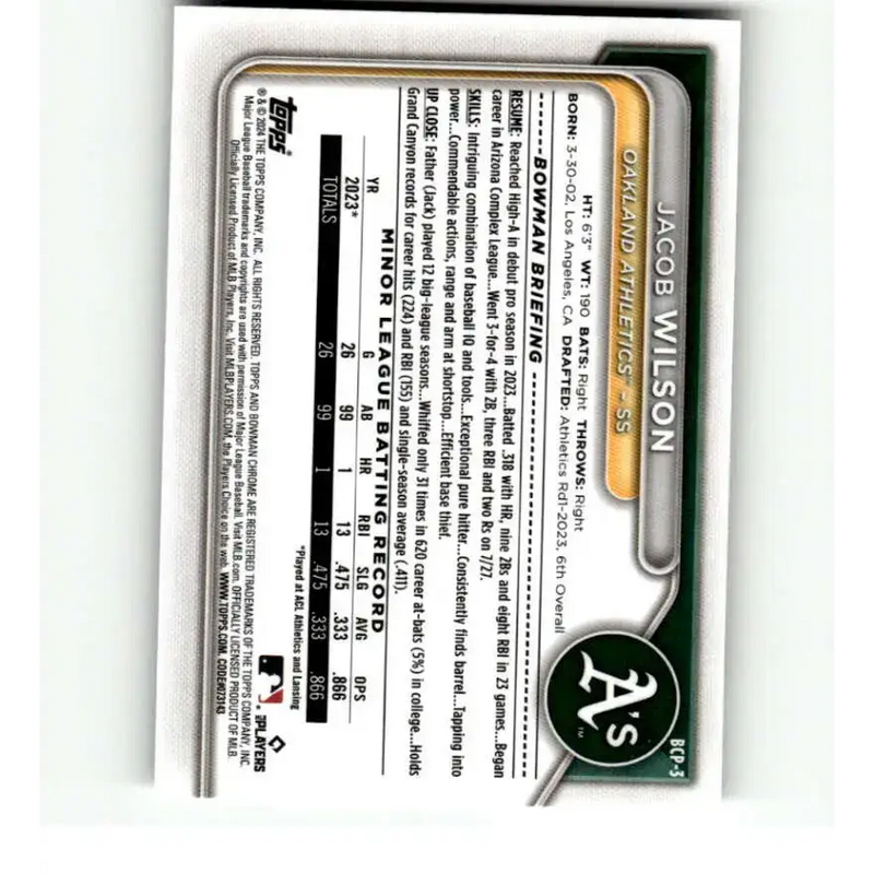 2024 Bowman Chrome Prospects #BCP-3 Jacob Wilson NM-MT Oakland Athletics Baseball Card - Baseball Card Single