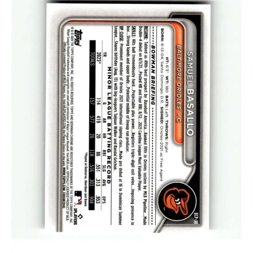2024 Bowman Chrome Prospects #BCP-38 Samuel Basallo NM-MT Baltimore Orioles Baseball Card - Baseball Card Single