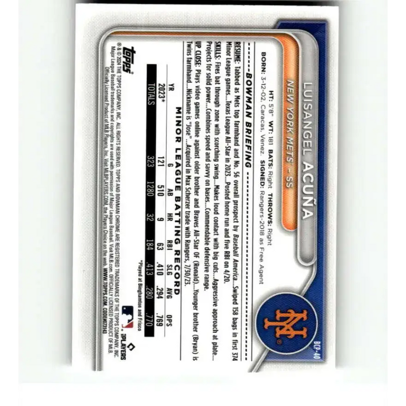 2024 Bowman Chrome Prospects #BCP-40 Luisangel Acuna NM-MT New York Mets Baseball Card - Baseball Card Single