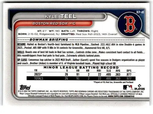 2024 Bowman Chrome Prospects #BCP-48 Kyle Teel NM-MT Red Sox ID:70677 - Baseball Card Single