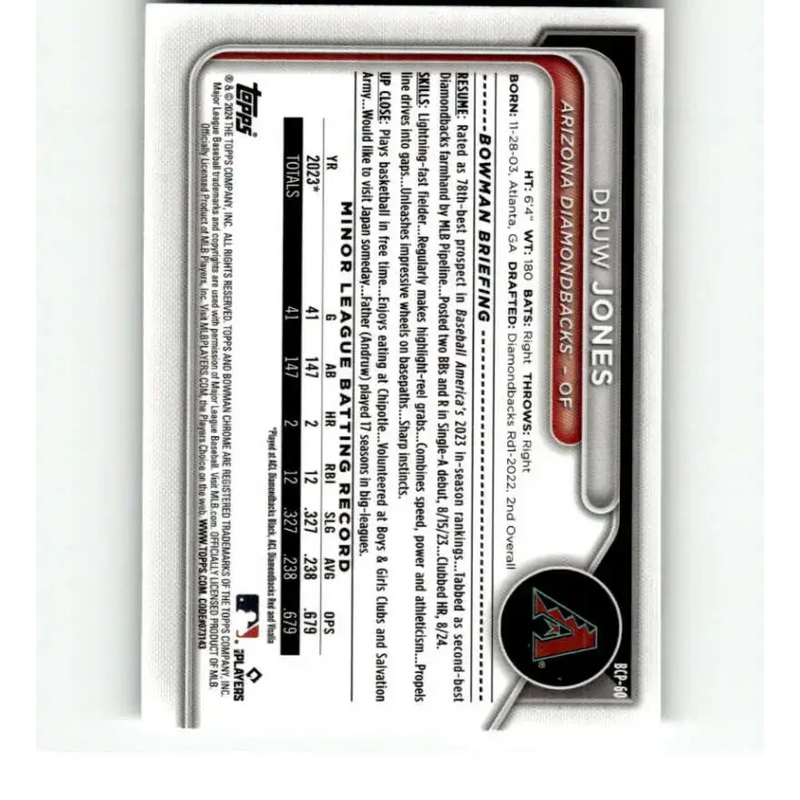 2024 Bowman Chrome Prospects #BCP-60 Druw Jones NM-MT Arizona Diamondbacks Baseball Card - Baseball Card Single