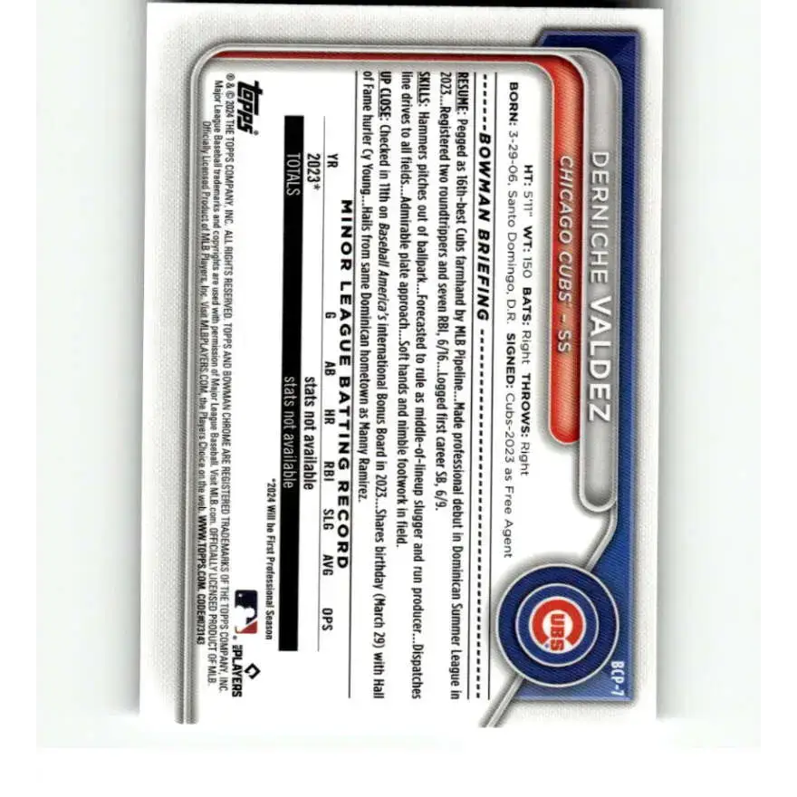 2024 Bowman Chrome Prospects #BCP-7 Derniche Valdez NM-MT Chicago Cubs Baseball Card - Baseball Card Single