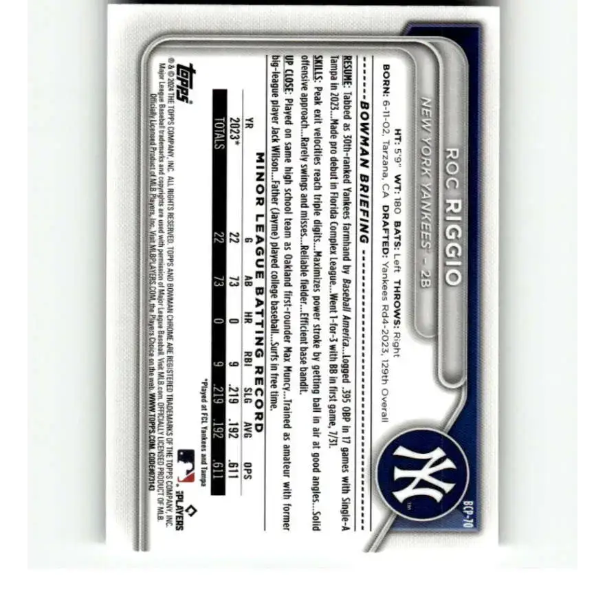 2024 Bowman Chrome Prospects #BCP-70 Roc Riggio NM-MT New York Yankees Baseball Card - Baseball Card Single