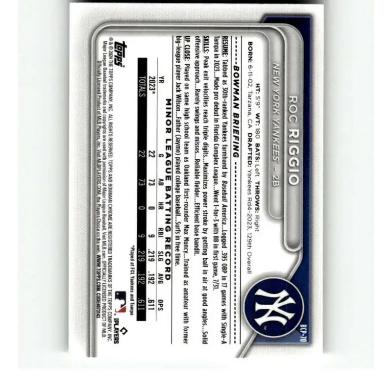 2024 Bowman Chrome Prospects #BCP-70 Roc Riggio NM-MT New York Yankees Baseball Card - Baseball Card Single