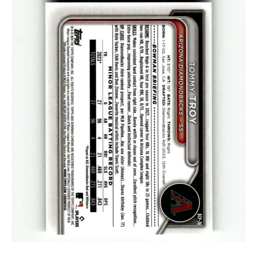 2024 Bowman Chrome Prospects #BCP-76 Tommy Troy NM-MT Arizona Diamondbacks Baseball Card - Baseball Card Single