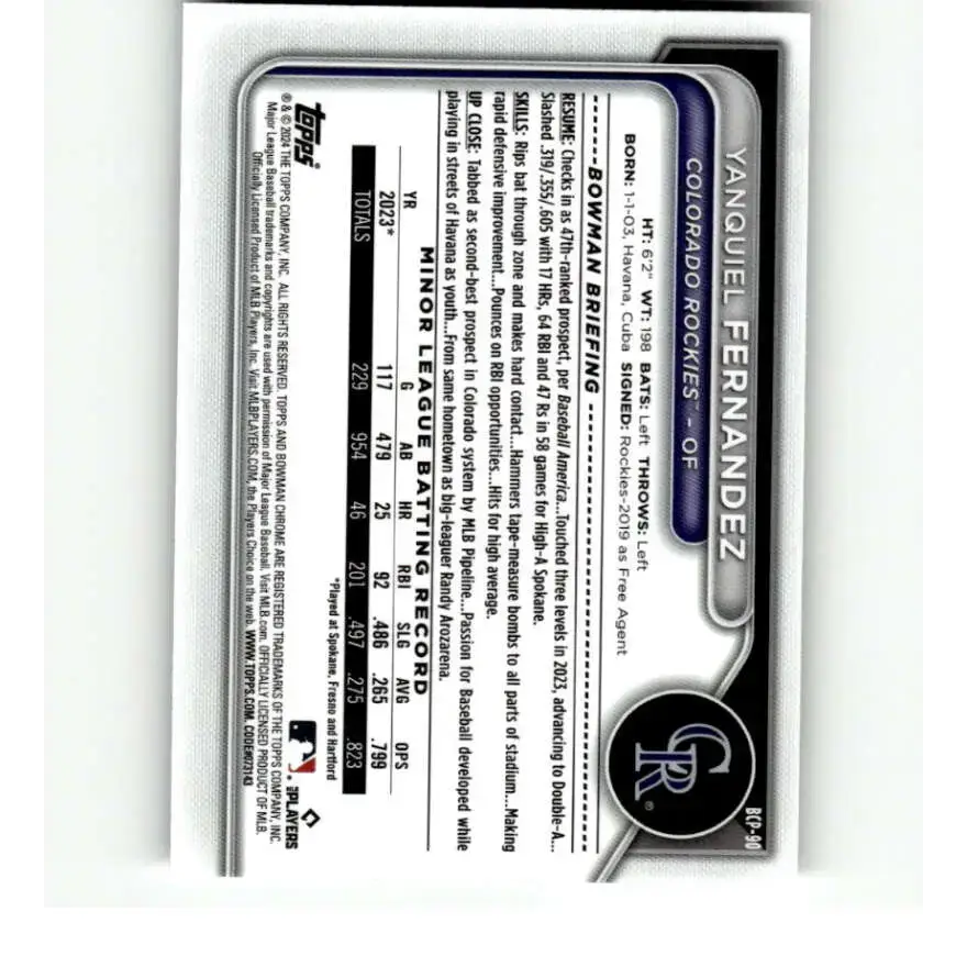2024 Bowman Chrome Prospects #BCP-90 Yanquiel Fernandez NM-MT Colorado Rockies Baseball Card - Baseball Card Single