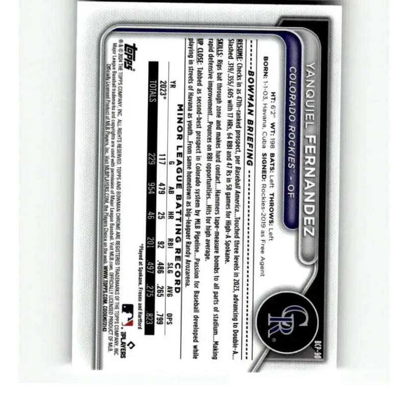 2024 Bowman Chrome Prospects #BCP-90 Yanquiel Fernandez NM-MT Colorado Rockies Baseball Card - Baseball Card Single