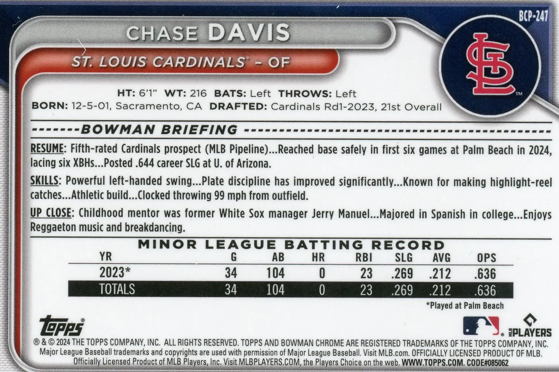 2024 Bowman Chrome Prospects Chase Davis #BCP-247 St. Louis Cardinals - Baseball Card Single