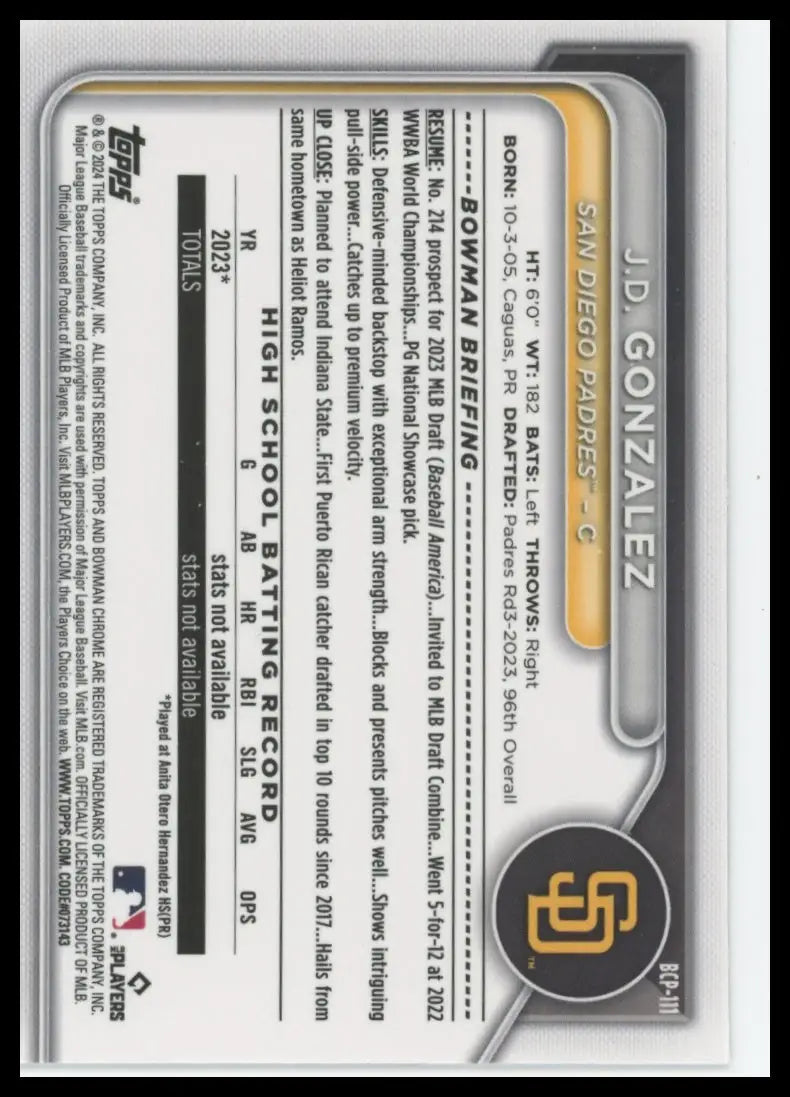 2024 Bowman - Chrome Prospects J.D. Gonzalez BCP-111 San Diego Padres NM - Baseball Card Single