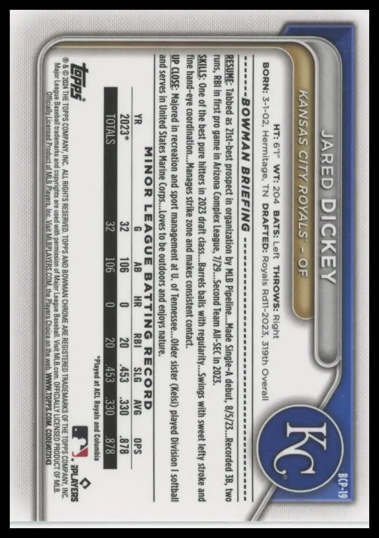 2024 Bowman - Chrome Prospects Jared Dickey BCP-19 Kansas City Royals NM - Baseball Card Single