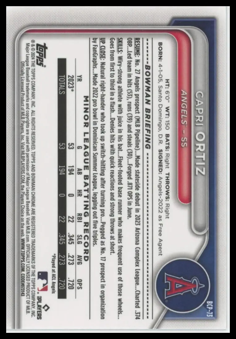 2024 Bowman - Chrome Prospects Lunar Glow Capri Ortiz BCP-73 Angels Baseball NM - Baseball Card Single