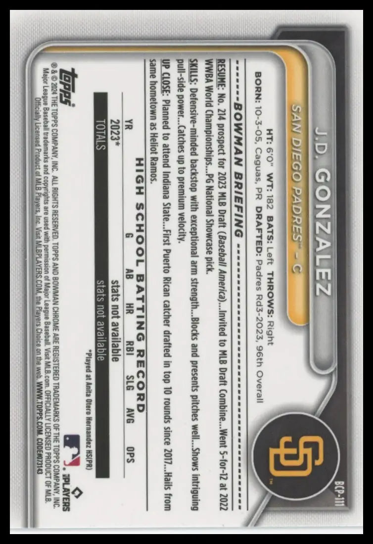 2024 Bowman - Chrome Prospects Lunar Glow J.D. Gonzalez BCP-111 SD Padres NM - Baseball Card Single
