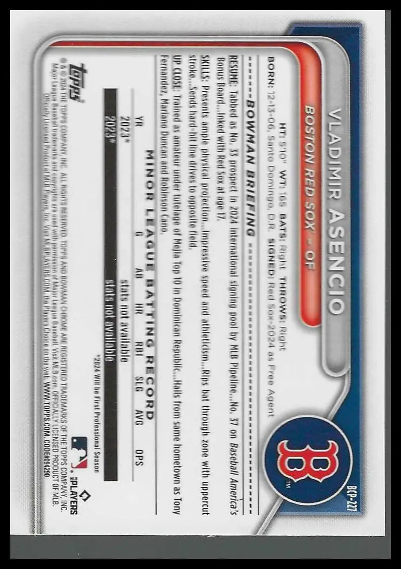 2024 Bowman Chrome Prospects Mojo Refractors #BCP-227 Vladimir Asencio #122/150