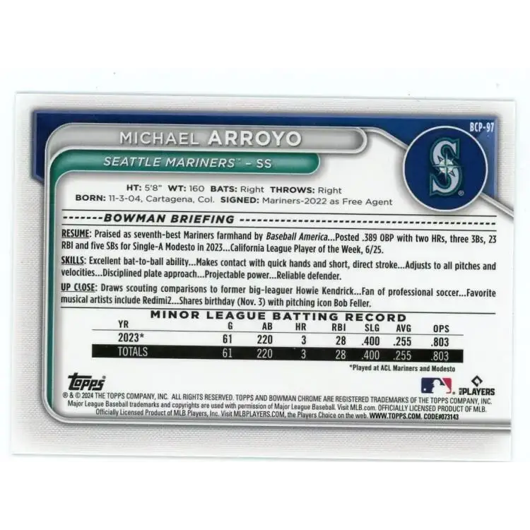 2024 Bowman Chrome Prospects Refractor Lunar Glow #BCP-97 Michael Arroyo NM-MT Seattle Mariners Baseball Card