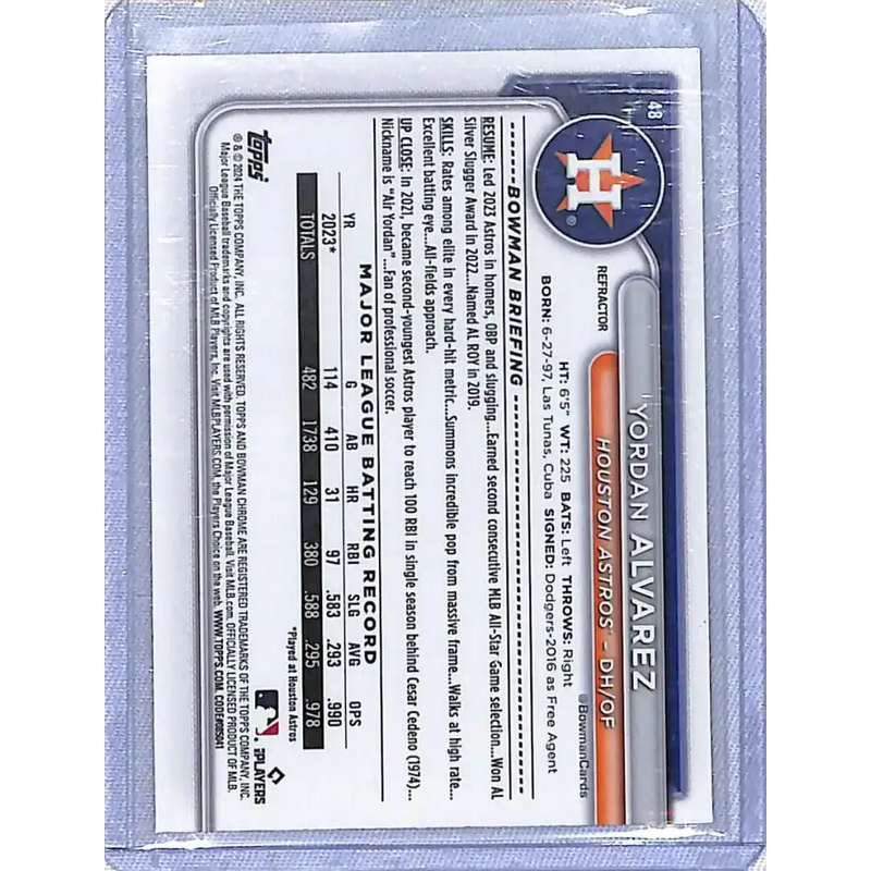 2024 Bowman Chrome Refractor #48 Yordan Alvarez NM-MT 249/499 Houston Astros Baseball Card - Baseball Card Single