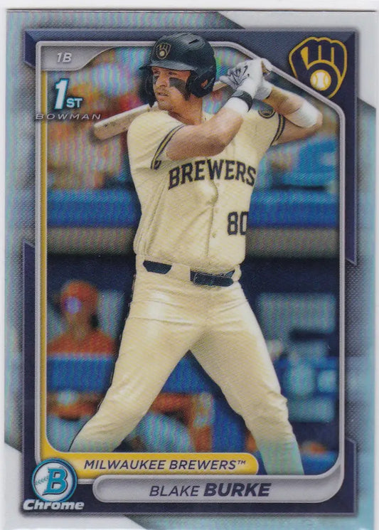 Milwaukee Brewers player Blake Burke at bat on 2024 Bowman Chrome Refractor card
