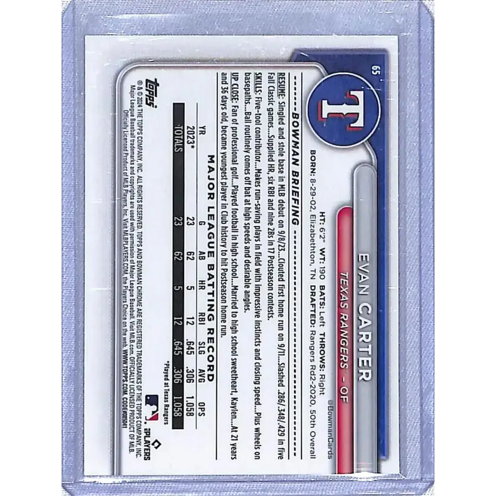2024 Bowman Chrome Refractor Wave #65 Evan Carter NM-MT RC Rookie 040/100 Texas Rangers Baseball Card - Baseball Card