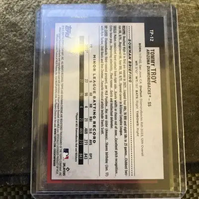 Baseball card in protective case featuring 2024 Bowman Chrome National Tommy Troy /5