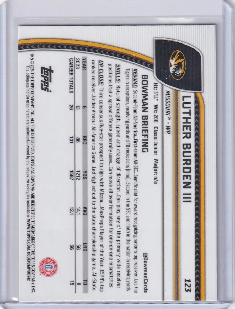 Back of 2024 Bowman Chrome University #123 Luther Burden III sports trading card stats