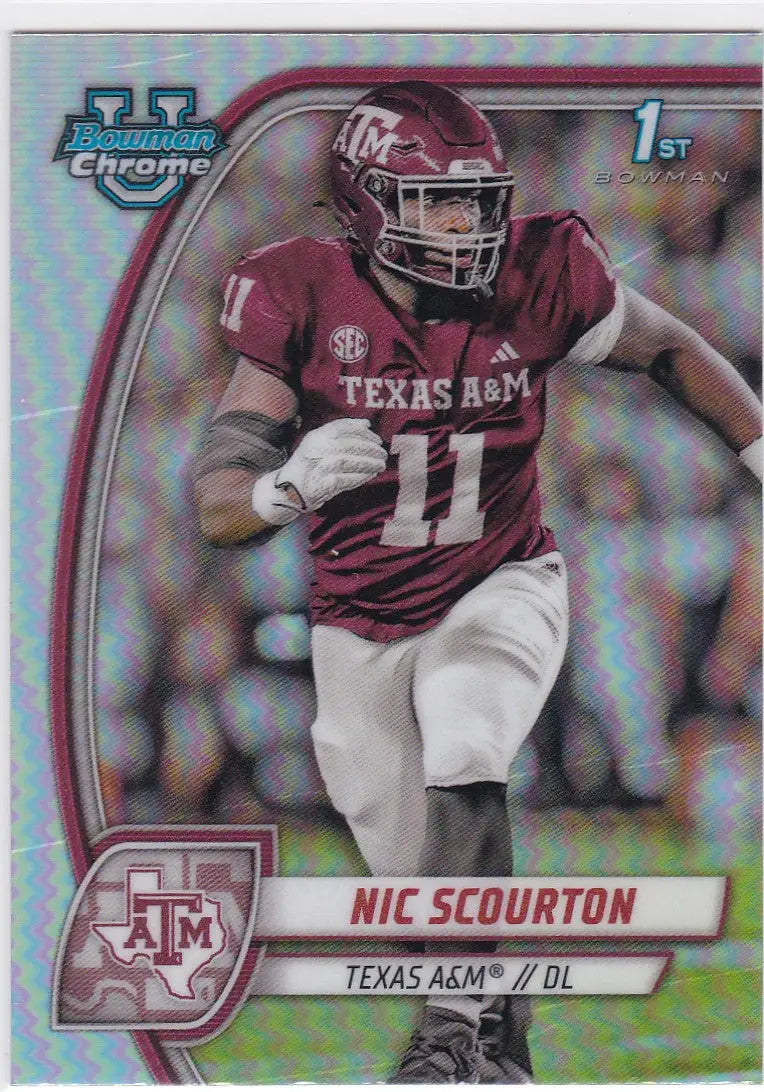 Nic Scourton 2024 Bowman Chrome University Refractor football card showcasing his first Bowman Texas A&M