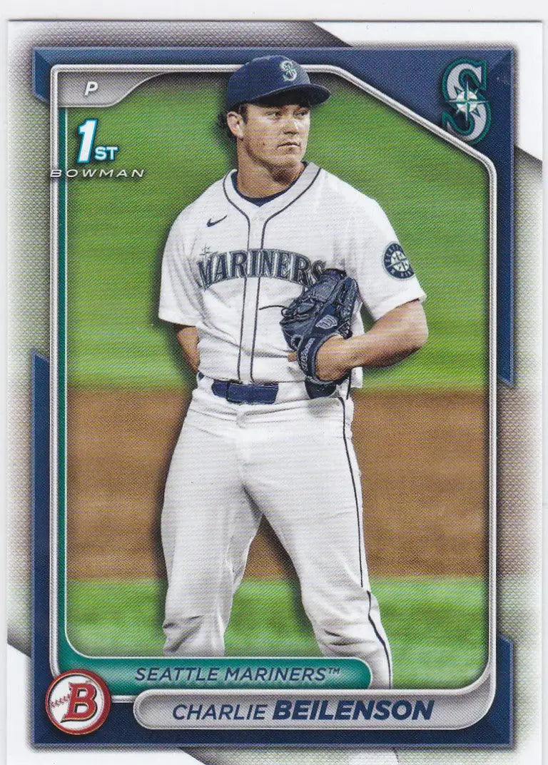 Baseball card of Charlie Beilenson 1st Bowman Seattle Mariners pitcher in white uniform