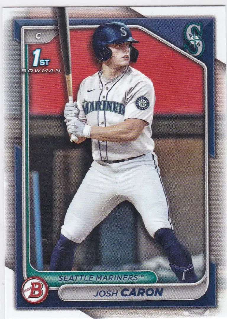 Baseball card of Josh Caron in a white Mariners uniform, 1st Bowman Seattle