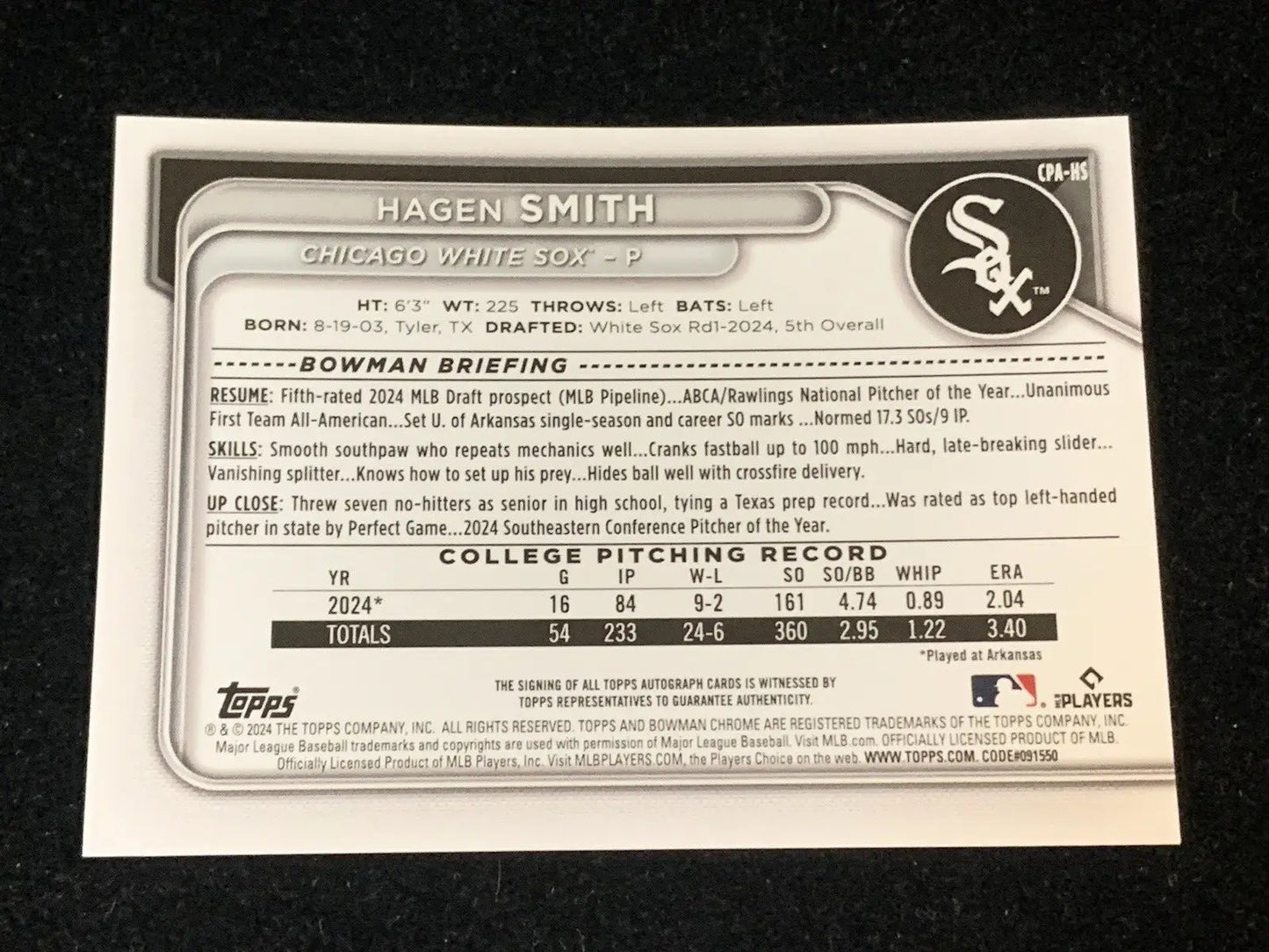 Hagen Smith Red Checker Refractor Auto baseball card for Chicago White Sox 2024 Bowman Draft