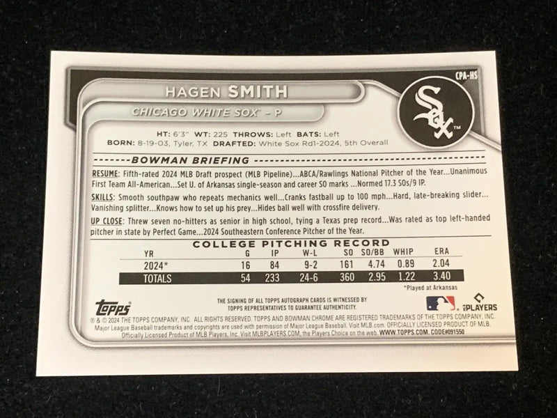 Hagen Smith Red Checker Refractor Auto baseball card for Chicago White Sox 2024 Bowman Draft