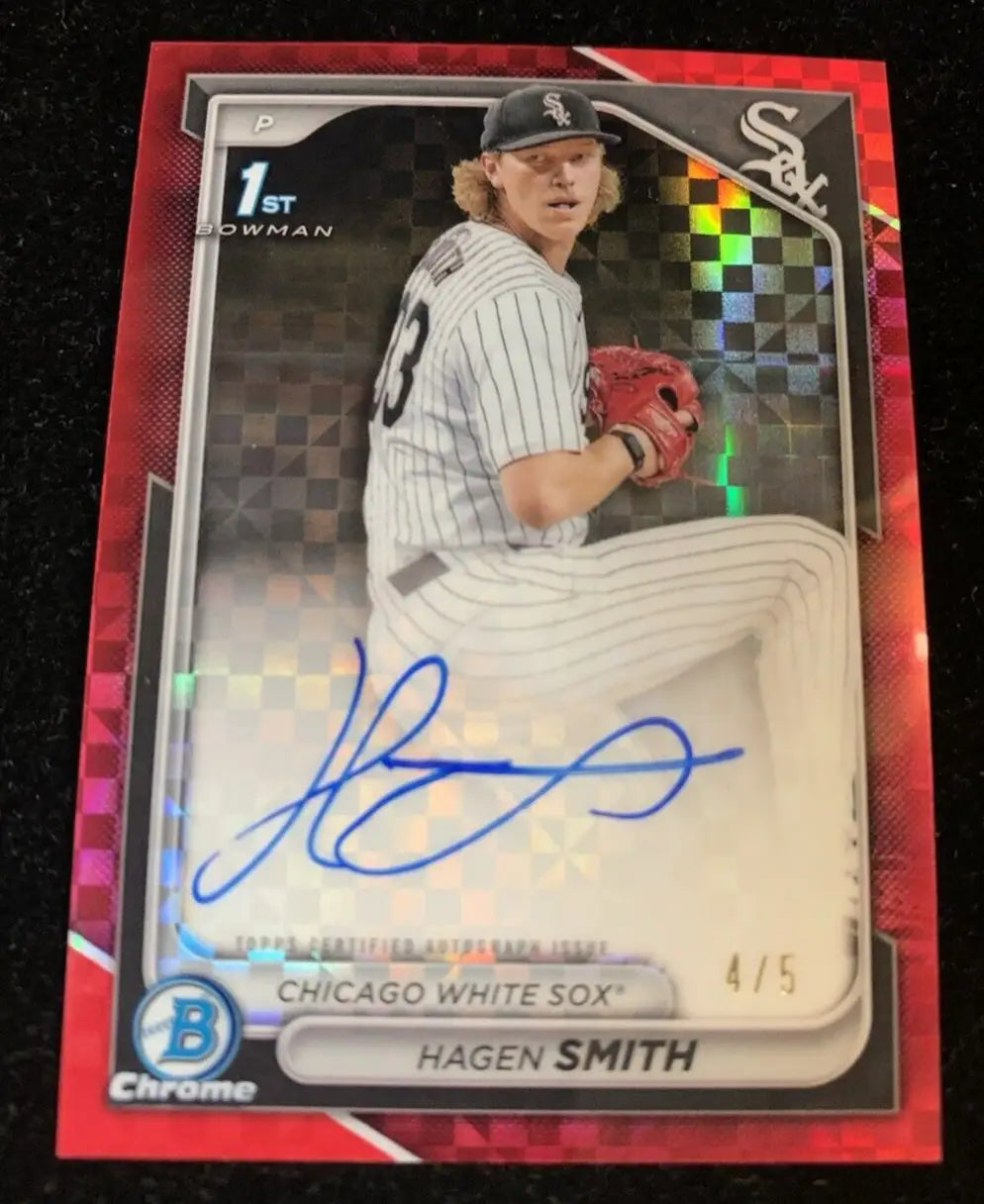 Hagen Smith Red Checker autographed baseball card from 2024 Bowman Draft Chicago White Sox