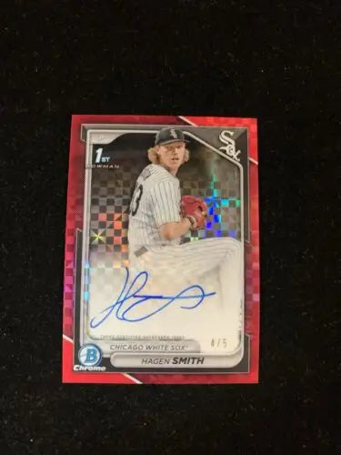 Autographed Hagen Smith Red Checker Refractor baseball card from 2024 Bowman Draft