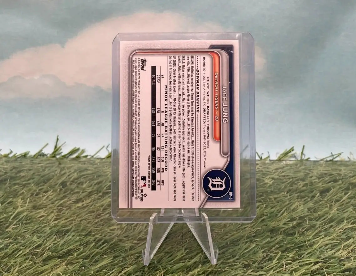 Baseball card in protective case featuring 2024 Bowman Jace Jung, Detroit Tigers collectible