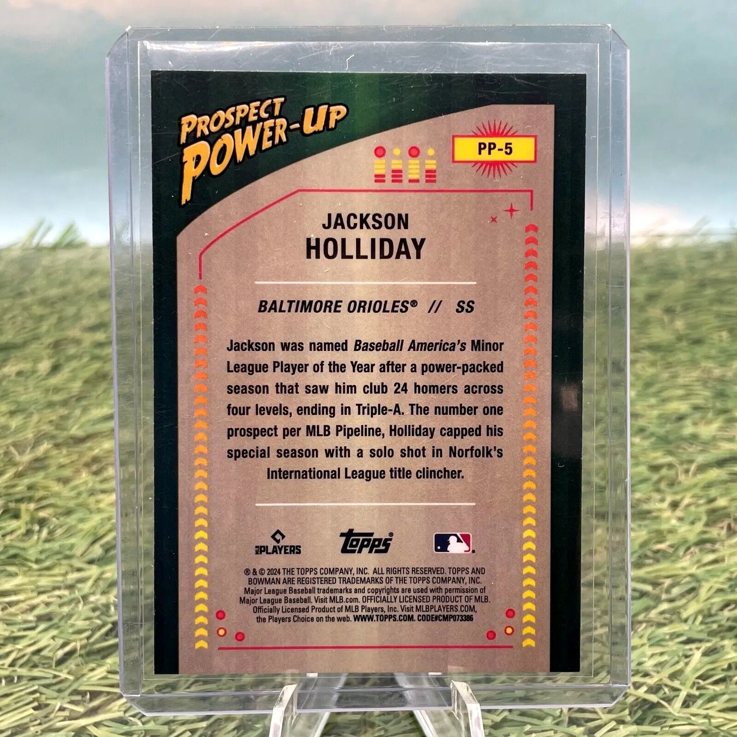 Jackson Holliday baseball card from 2024 Bowman, showcasing Prospect Power-Up Mega Mojo