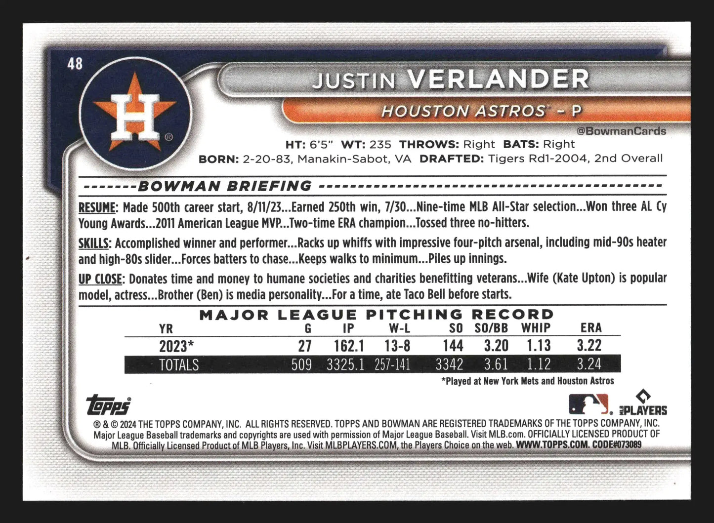 2024 Bowman Justin Verlander #48 Houston Astros - Baseball Card Single