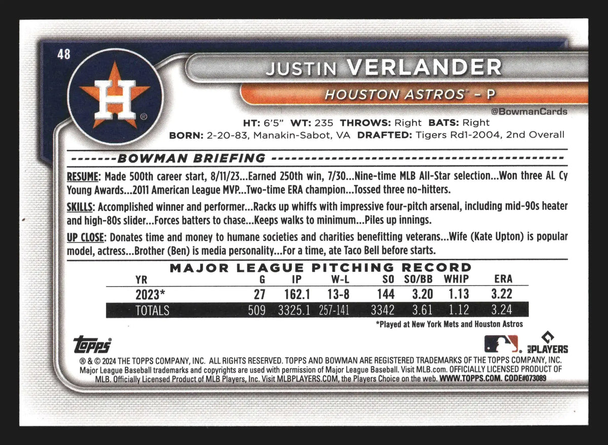 2024 Bowman Justin Verlander #48 Houston Astros - Baseball Card Single