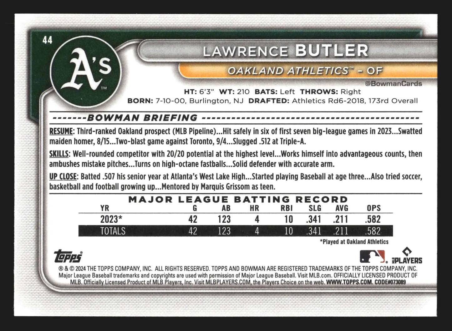 2024 Bowman Lawrence Butler #44 RC Oakland Athletics - Baseball Card Single
