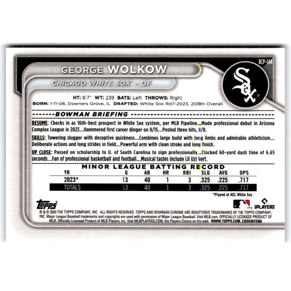 2024 Bowman Mega Box Mojo Prospects Refractor #BCP-144 George Wolkow NM-MT Chicago White Sox Baseball Card Image 2