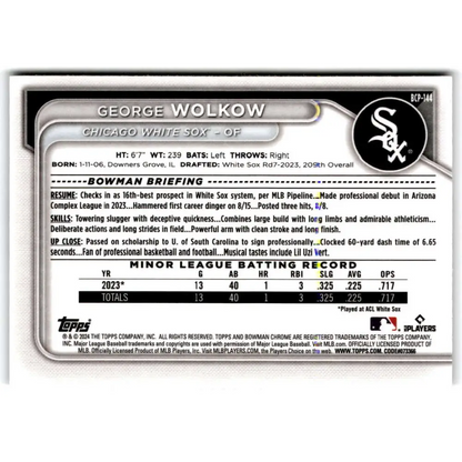 2024 Bowman Mega Box Mojo Prospects Refractor #BCP-144 George Wolkow NM-MT Chicago White Sox Baseball Card Image 2