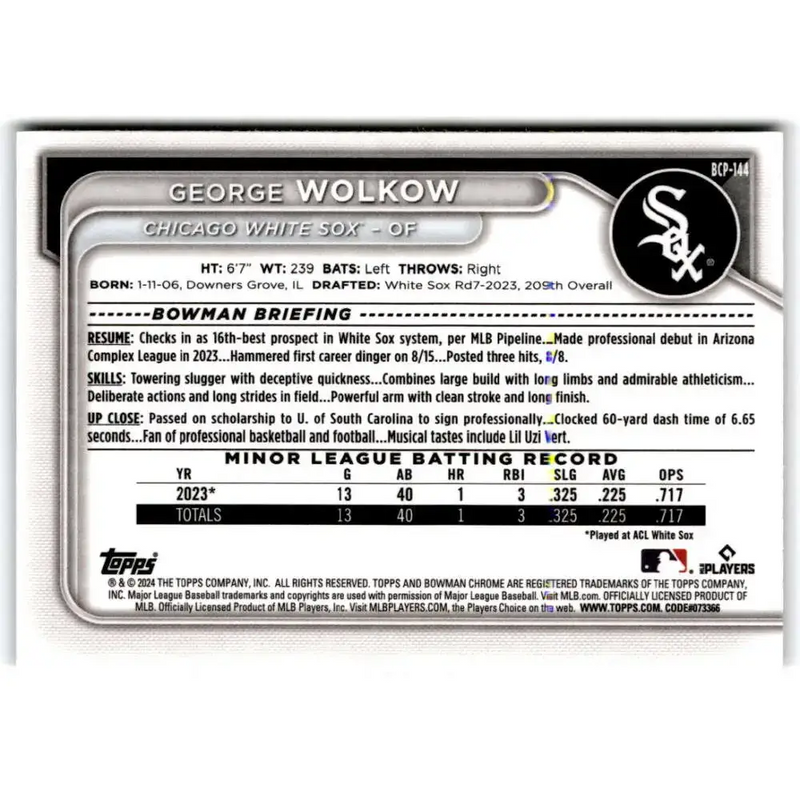 2024 Bowman Mega Box Mojo Prospects Refractor #BCP-144 George Wolkow NM-MT Chicago White Sox Baseball Card - Baseball