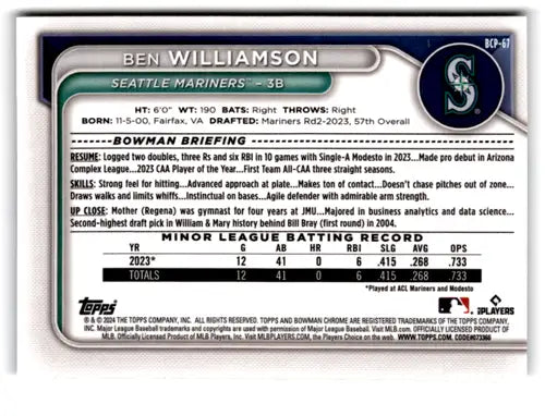 2024 Bowman Mega Box Mojo Prospects Refractor #BCP-67 Ben Williamson NM ID:70666 - Baseball Card Single