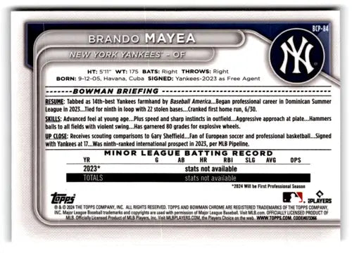 Brando Mayea baseball card from 2024 Bowman Mega Box Mojo Prospects Refractor